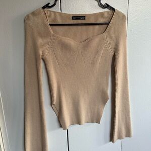 Beige Ribbed Knit Sweater